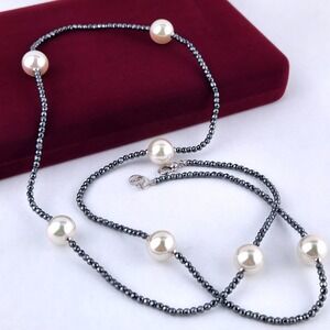 Pearl & Hematite Necklace 925 Sterling Silver Majorica 1890 Spain